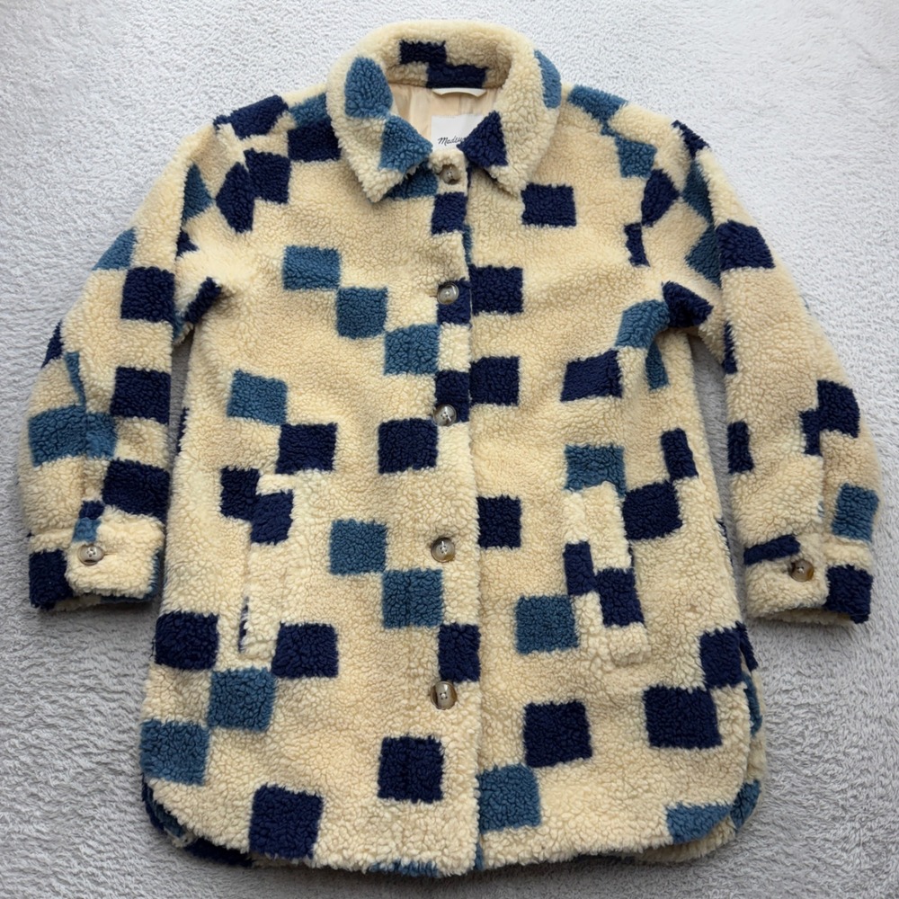 Madewell Womens XS Blue Cream Checkered Sherpa Faux Fur Button Front Coat